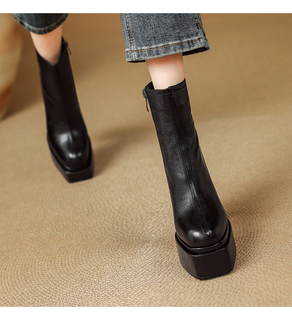 Boot nữ cổ cao ôm chân da dê mềm gót vuông đế xuồng 12.5 cm — Lớp lót nhung đen chi tiết 9