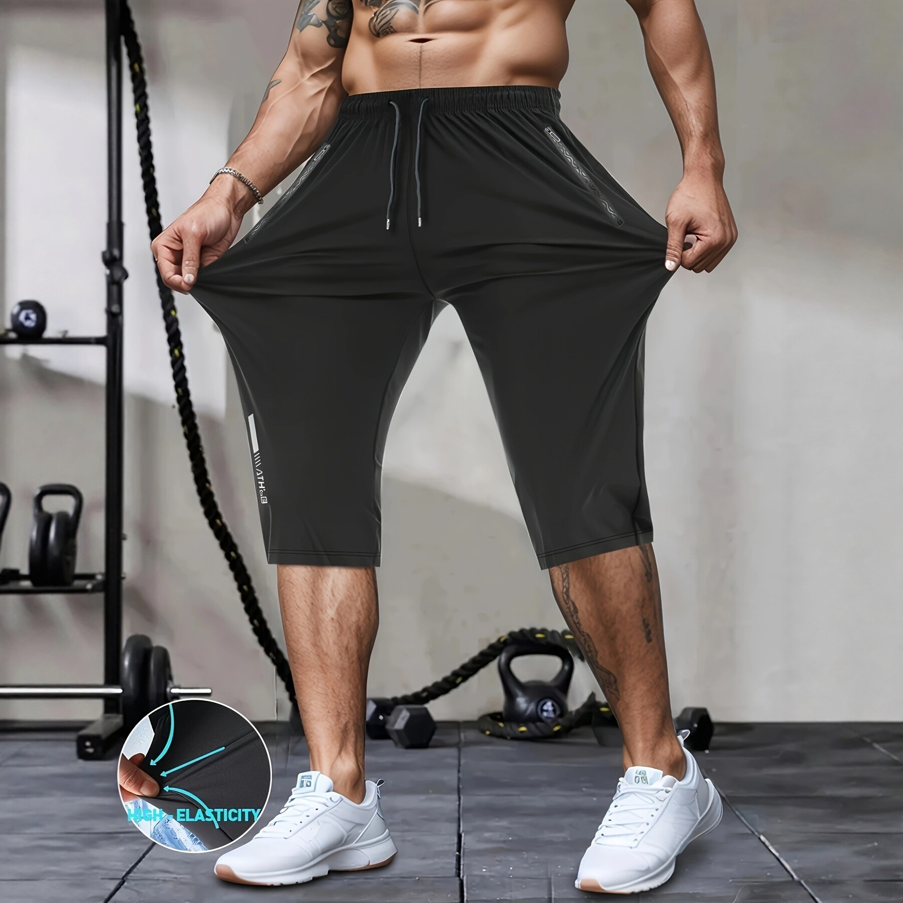 Men's Summer Capri Pants Plus-sized Casual Sports Pants with Loafer and Loafer Waist Ice Silk Thin Casual Pants for Fatty Men