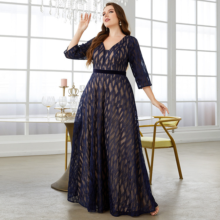 Amazon evening dress plus size V-neck lace embroidered mid-length long sleeve large swing elegant dance dress party dress spring style