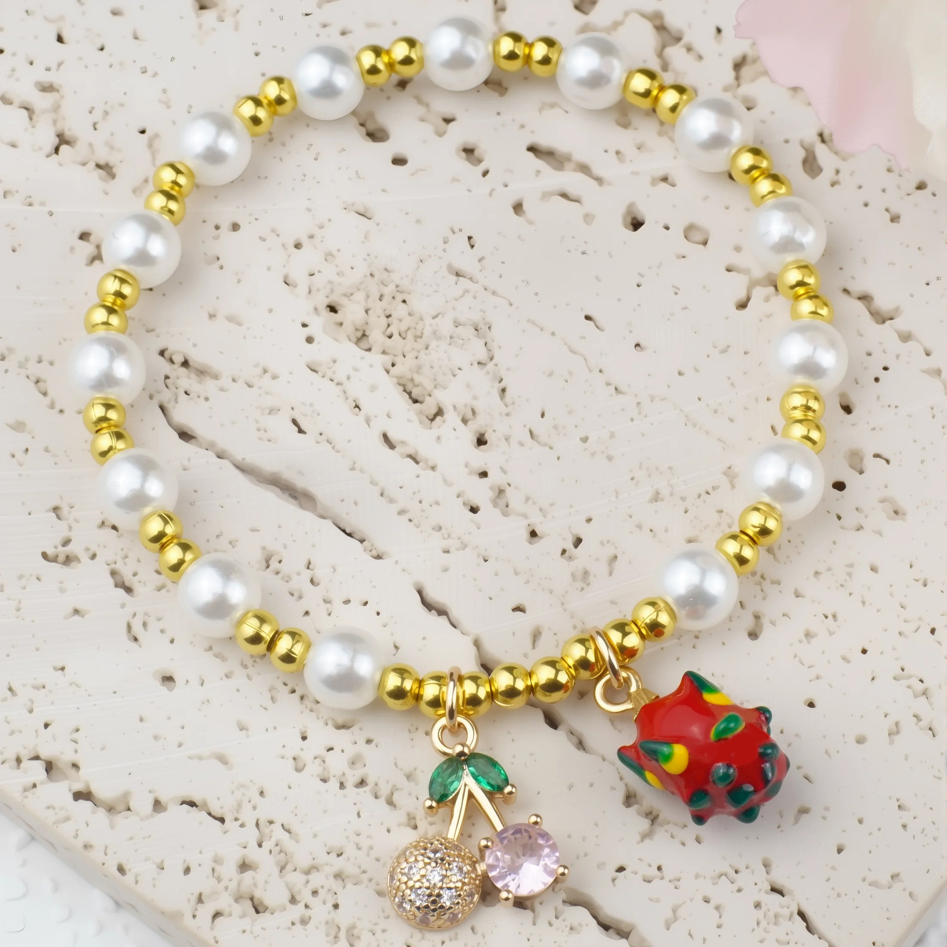 304 Stainless Steel Material Cute Cherry 304 Stainless Steel Beaded Chain Bracelets In Bulk