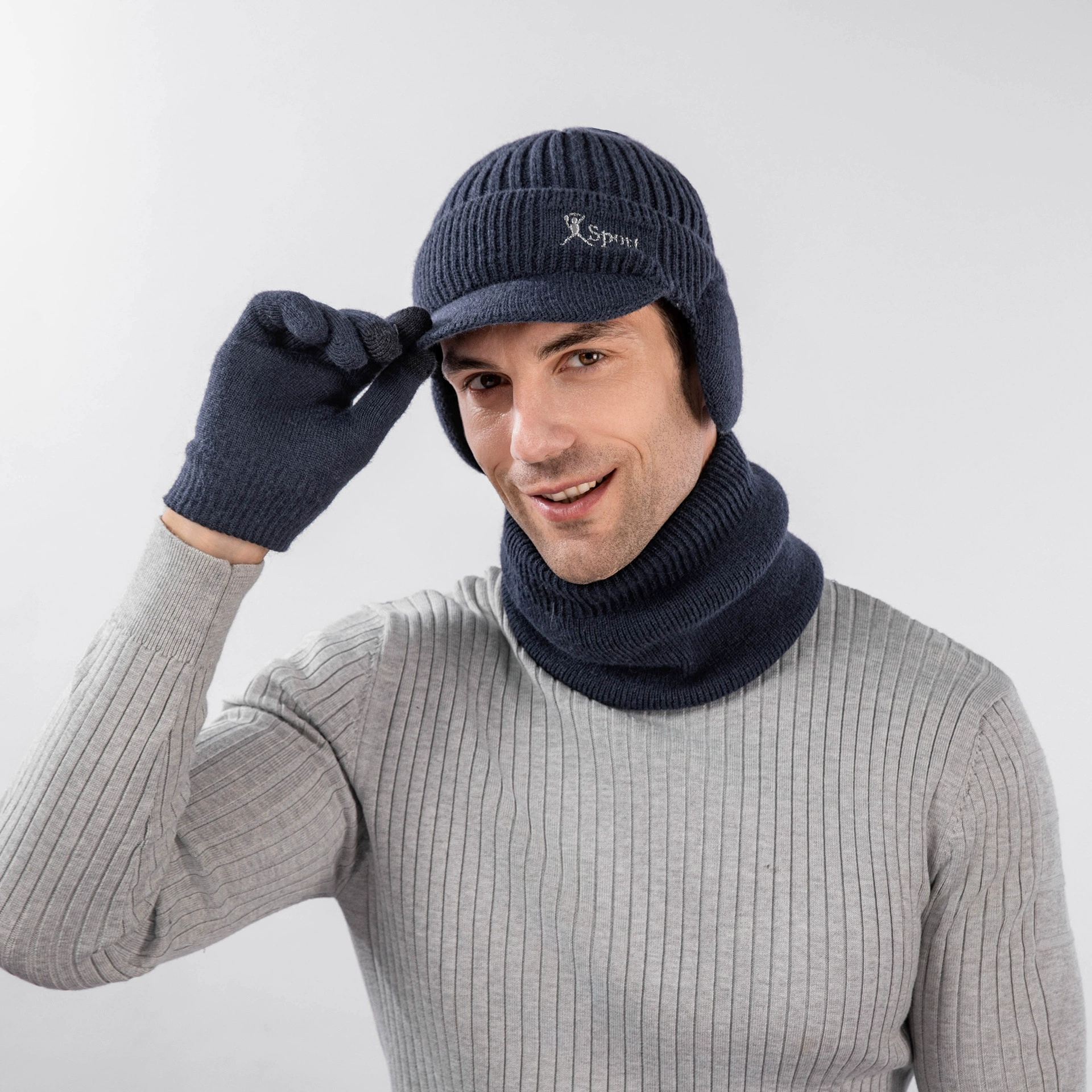 Keep warm hat, scarf, gloves, men's knitted woolen set, 3 piece set, increased thickness