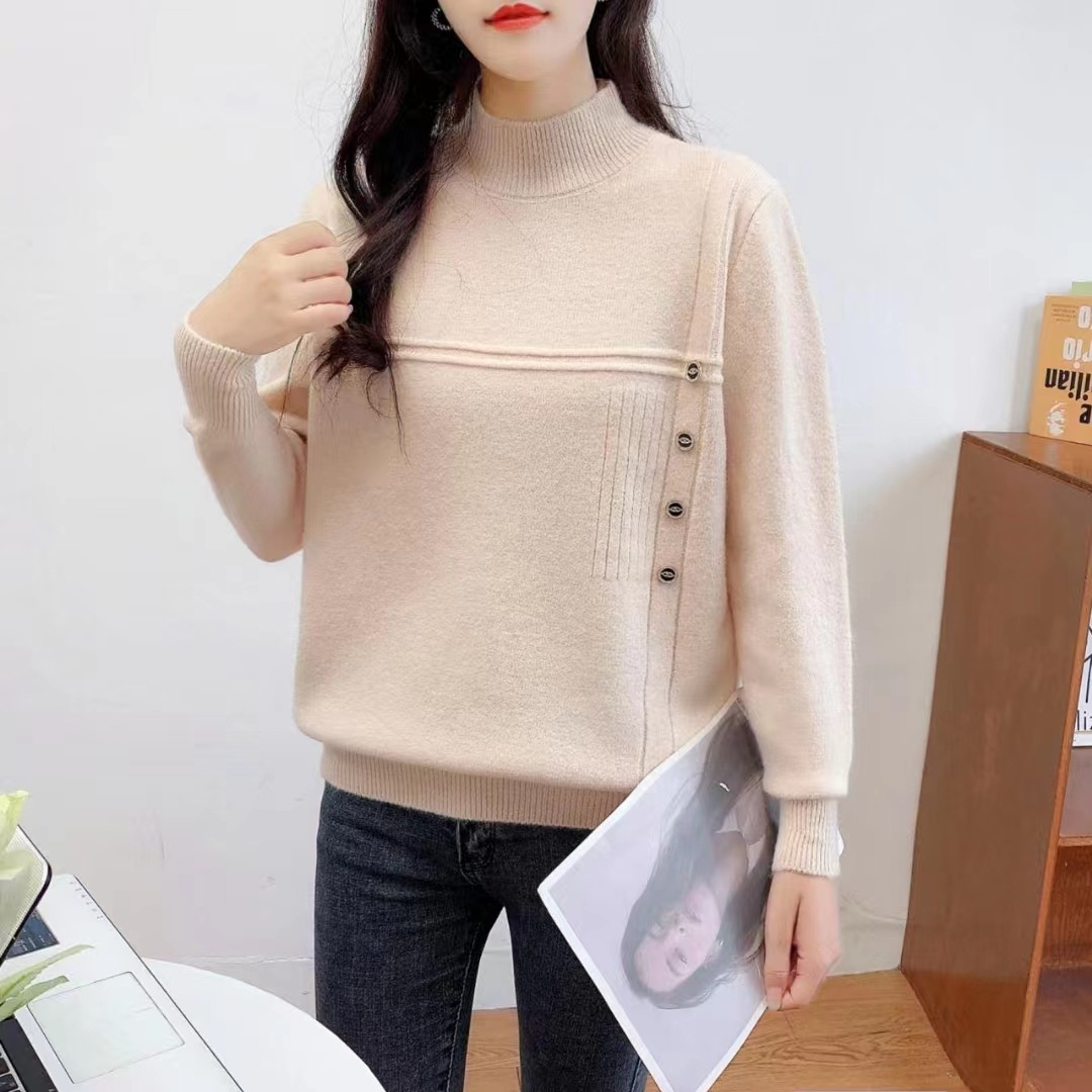 纽扣半高领套头毛衣女 韩版简约内搭针织衫秋冬新款保暖打底衫厚