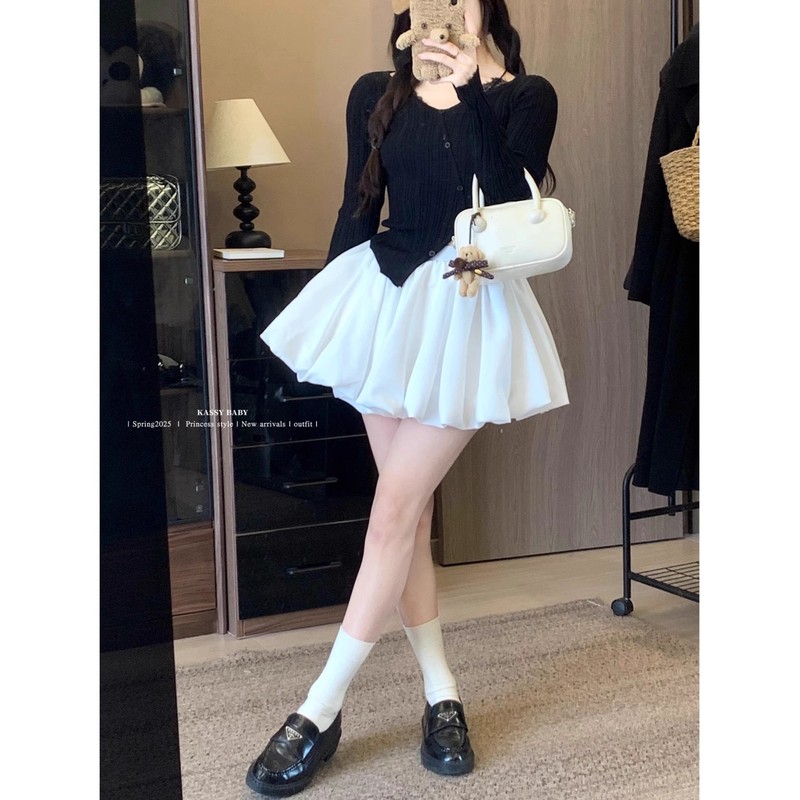 白色甜美减龄蓬蓬半身裙女装夏季高腰防走光裙裤花苞短裙a字裙子|undefined