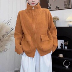 双拉链翻领加厚针织开衫女慵懒风秋冬款韩版宽松显瘦毛衣外套上衣