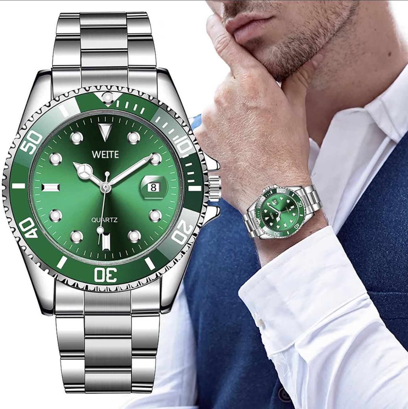Trendy Fashion Magnifier Calendar Men's Watch Steel Band Luminous Watch Green Ghost Men's Watch