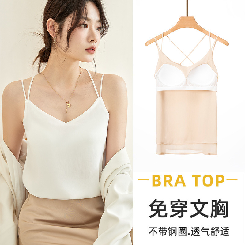 0501 Chiffon Shirt Spring and Summer Camisole with Breast Pads for Women Summer Outer Wear Beautiful Back All-In-One Bottoming Shirt Top Wholesale