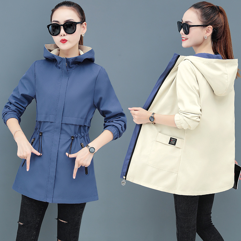 Double-sided mid-length hooded trench coat for women Spring and Autumn middle-aged mother elastic loose waist slimming cardigan
