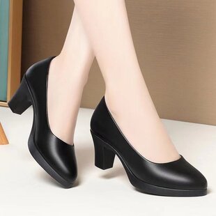 Work shoes for women, black soft leather comfortable professional leather shoes, thick heels, medium heels, high heels, office shoes, formal stewardess shoes