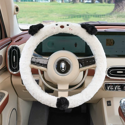 Cartoon car steering wheel cover plush wear-resistant non-slip car gloves cute puppy car steering wheel handle cover (Steering wheel cover) - rabbit-fur-brushed-puppy-steering-wheel-cover-white-38cm