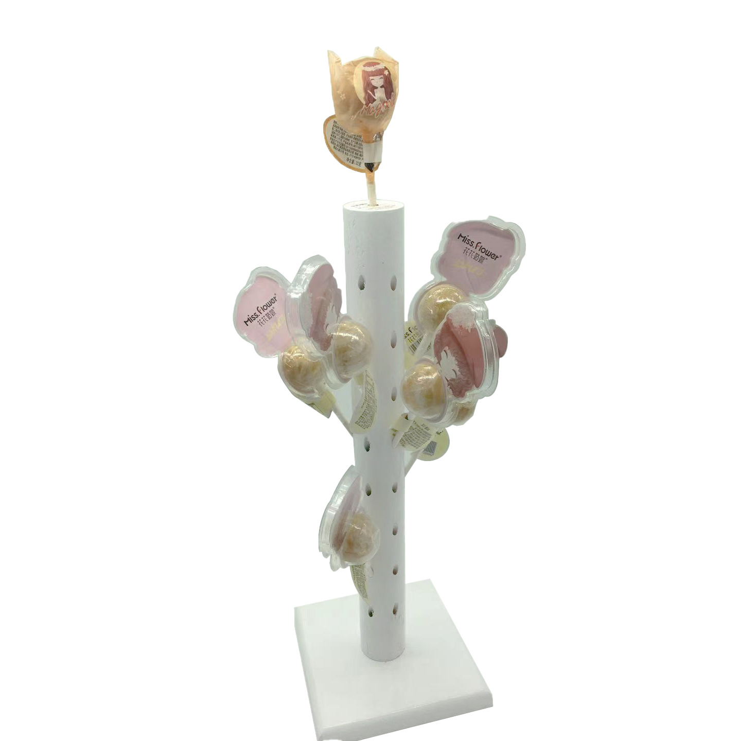 Suministro de agujero redondo fondo cuadrado blanco insertar 360 ° pantalla Candy display stand Lollipop soporte de exhibición azúcar soporte de la zapatilla