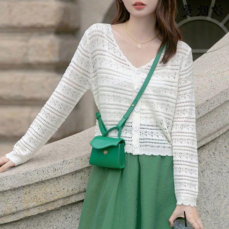 French-style Hollow-out Ice Silk Knitted Cardigan Women's 2022 Summer Loose Long-sleeved Sunscreen Shawl Outer Jacket