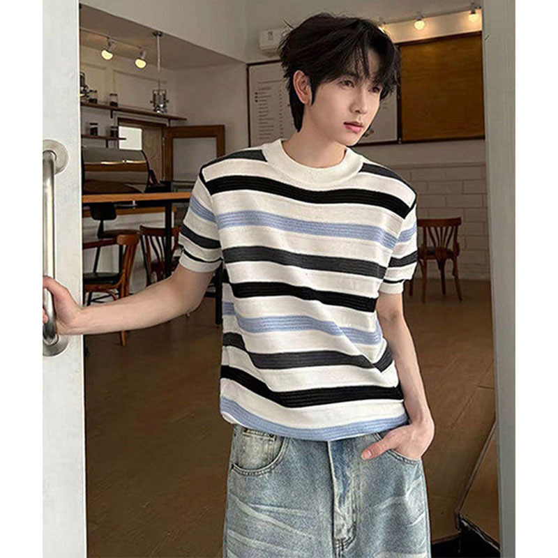 Camiseta de punto de manga corta camiseta de textura de hombres agujeros viejos negocios de hielo de verano fábrica transfronteriza mayorista