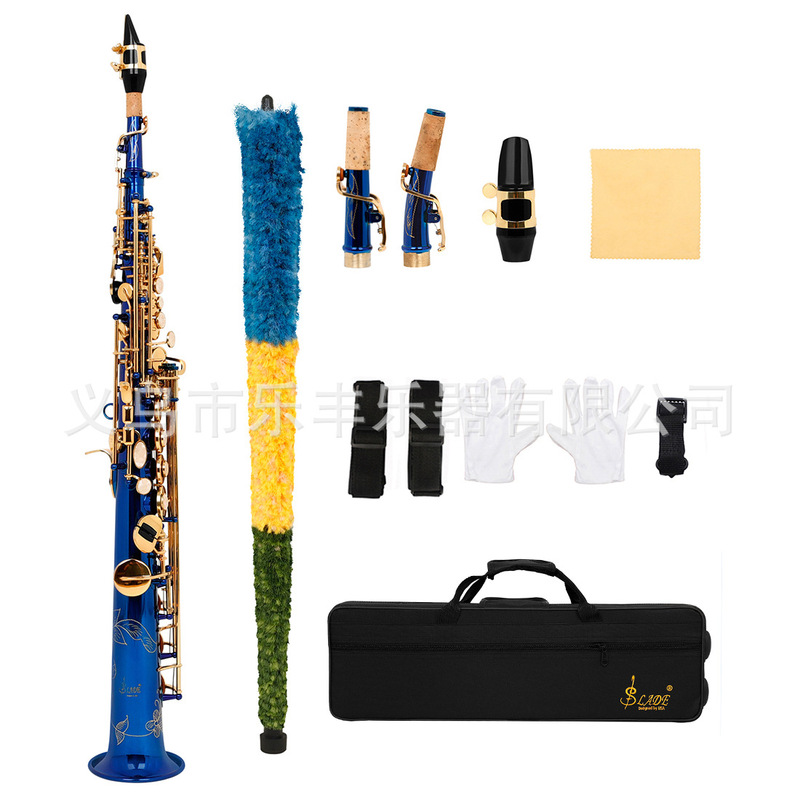 Slade Soprano Saxophone Straight Tube in B-Flat Brass Body with Carved White Shell Keys Blue Set Slade Soprano Saxophone Straight Tube in B-Flat Brass Body with Carved White Shell Keys Blue Set