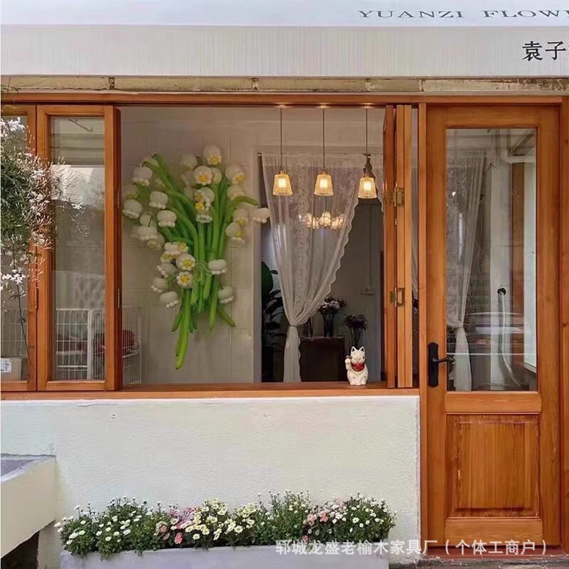 Modern simple old elm wood window sliding door casement window milk tea coffee shop solid wood window doors and windows