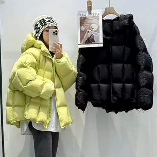 韩系秋冬米白色鸭绒羽绒服女短款新款云朵连帽方块轻薄羽绒棉外套