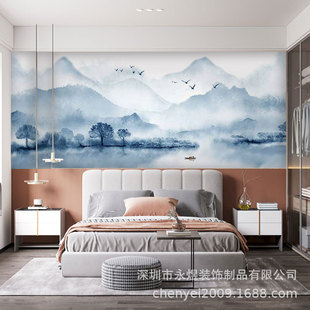 Custom Wallpaper with Chinese Landscape Ink Painting of Distant Mountains, Freehand Mountain Scenery for Dining Room and Tea Room Background Wall Wallpaper
