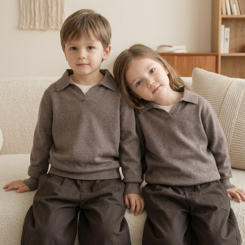 100% cotton high-end sweater, autumn and winter old money style children's clothing, polo collar outerwear, knitted top for boys and girls