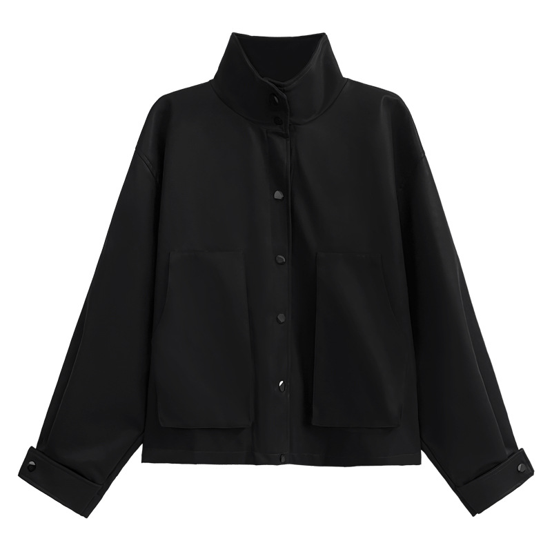 Nueva chaqueta de cuero de PU de la motocicleta de Bolsillo grande para adelgazar suelta Estilo retro de Hong Kong de manga larga collar de pie abrigo corto para mujeres Otoño e Invierno