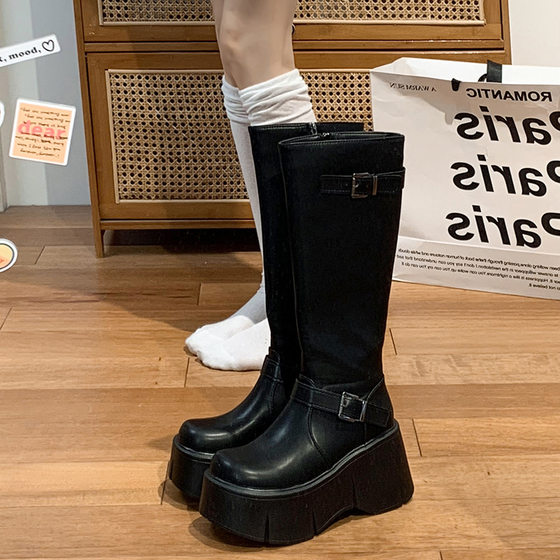 Black American Style Retro All-match but Knee Thick Bottom Boots Women's 2024 New Summer Slim Look Increased Rider Boots
