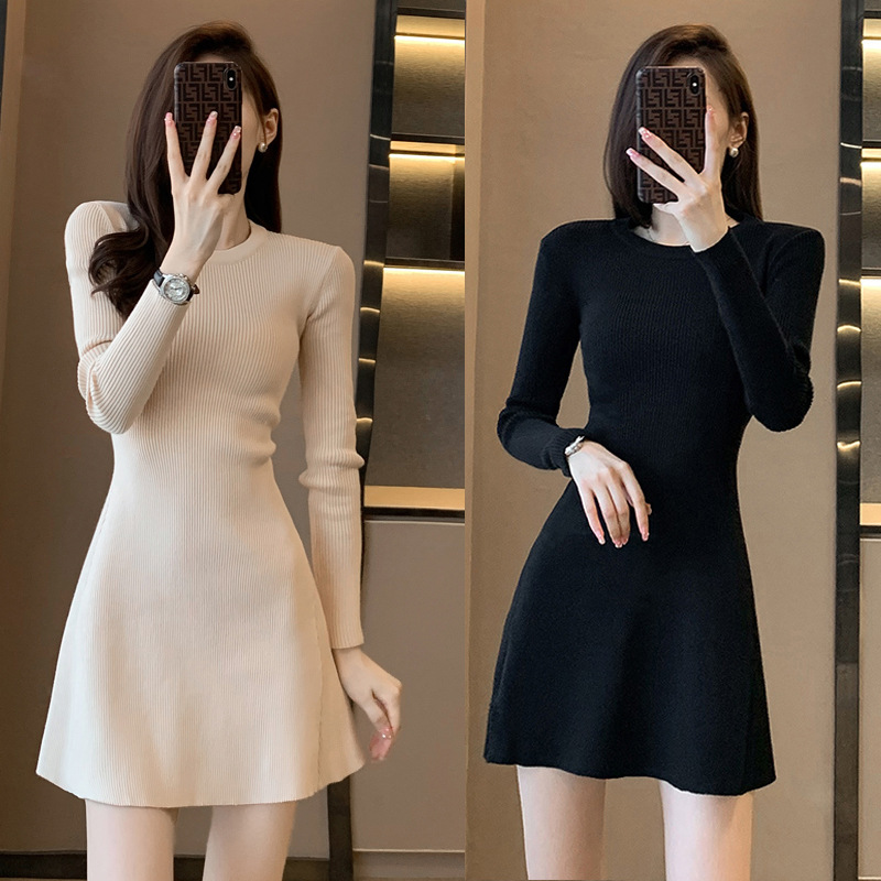 6843法式小香风名媛淑女纯色荷叶摆针织裙秋冬洋气显瘦打底连衣裙|undefined