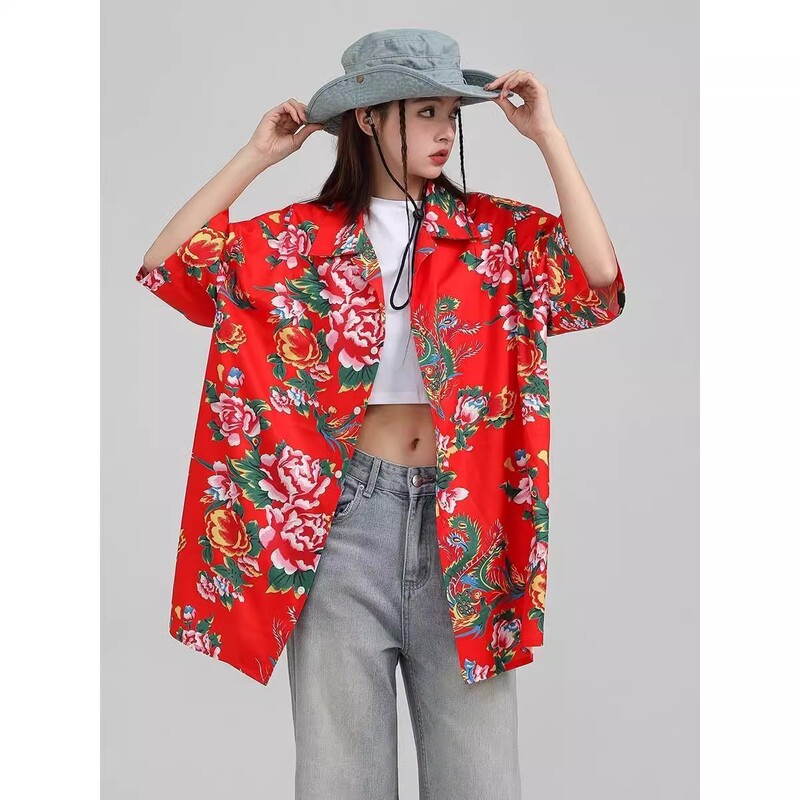 Northeast Big Flower Short-sleeved Shirt Women's Design Sense Niche Retro New Chinese Style National Style Beach Shirt Top Jacket for Summer