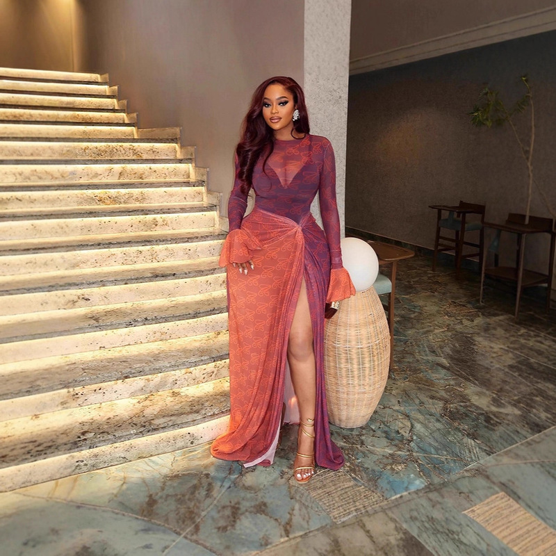 European and American Style Export Summer Slim Women's Clothing, Light and Slightly See-Through Hip-Covering Asymmetrical Skirt, Round Neck Pleated Long-Sleeved Dress