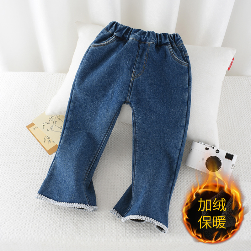 Girls plus fleece jeans 2024 new autumn and winter baby girls warm everything with fashion flared pants