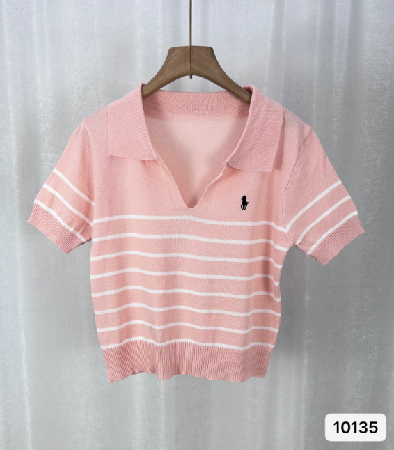 夏季POLO领T恤女藏蓝色条纹短袖人头马刺绣翻领t恤冰丝通勤|undefined