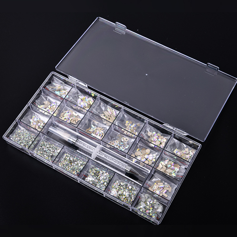 跨境专供21格盒装美甲钻平底水钻玻璃异形钻 DIY美甲饰品套装批发
