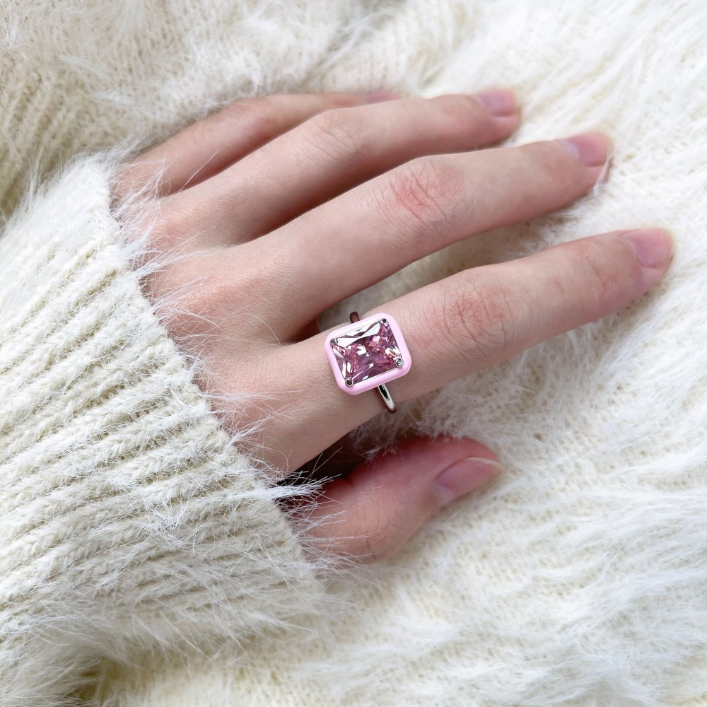 Fashion Square Sterling Silver Rhinestone Plating Rings