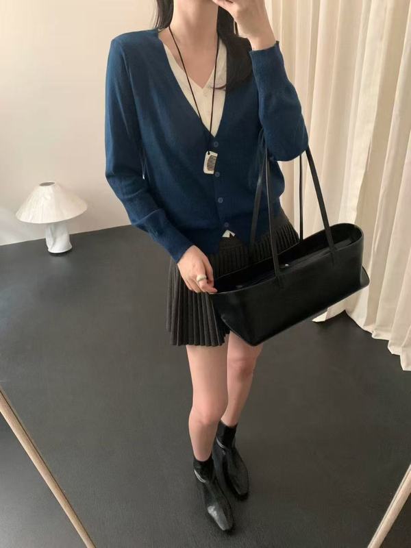 拼接假两件V领针织开衫女2025春秋季设计感短款毛衣修身灰色上衣|undefined