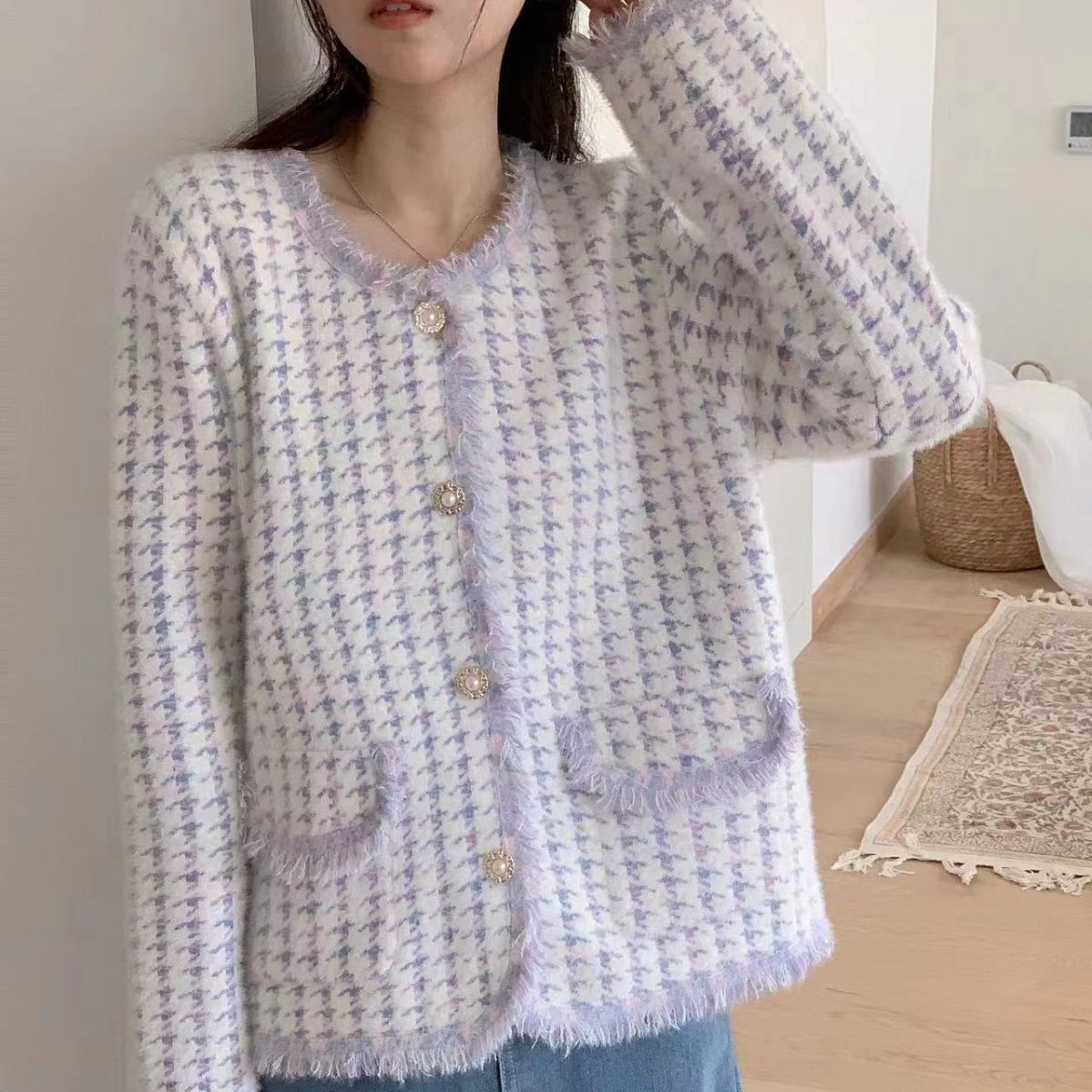 El otoño y el invierno Nuevo suéter de punto de las mujeres de pata de gallo de imitación de visón de terciopelo suelta estilo Chanel abrigo del todo-fósforo