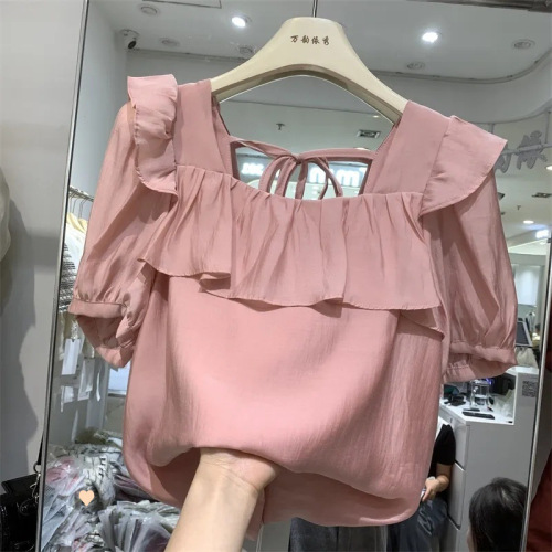 European-style Tencel chiffon blouse for women, V-neck tie-up top, summer new design with ruffled edges—stylish and chic petite shirt.