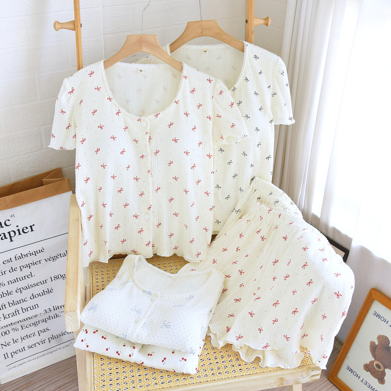 Summer Knitted Cotton Bra-free Pajamas Women's Sweet Cardigan Short-sleeved Shorts Pure Cotton Chest Pad Cross-border Thin Home Clothes