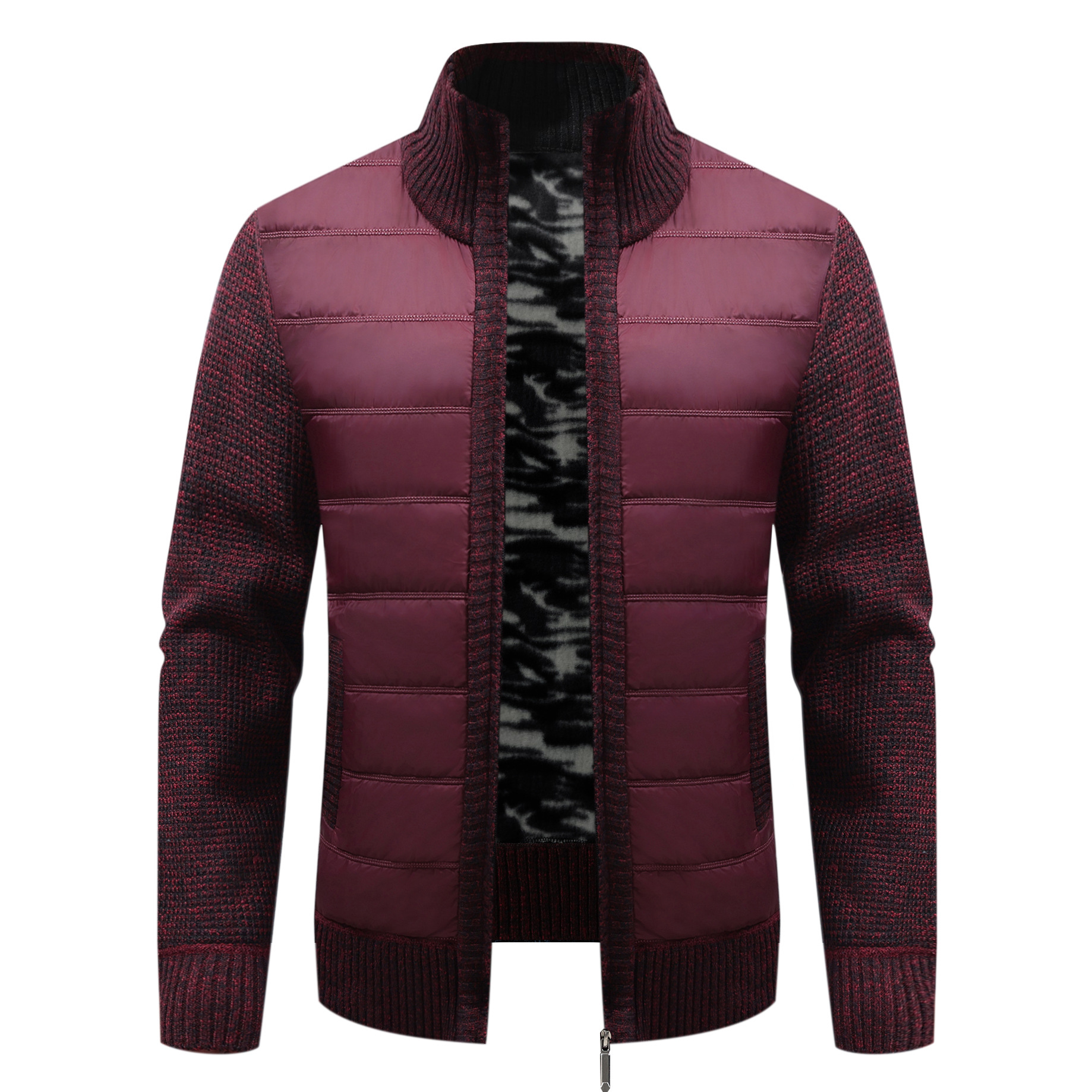 Herren-Strickjacke mit Stehkragen, Fleece-Futter, dick, langärmlig, Farbblock-Strickjacke, warm, schmale Passform, Pullover (mehrere Farben)_voghion.com