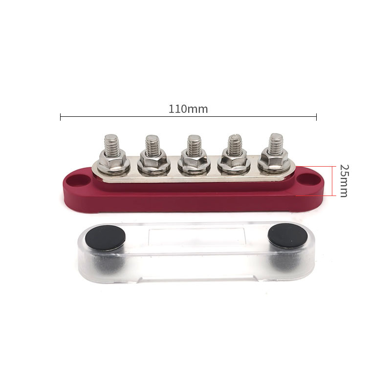 Qìchē Car Parts Small 150A with Cover Stainless Steel 12V-48V Busbar Terminal (Power supply, ignition system accessories) - red-single-2-way-busbar-code-shlp-m8-2-m4-5