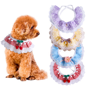 T factory in stock fairy style pet lace scarf saliva towel plaid flower cat collar dog necklace