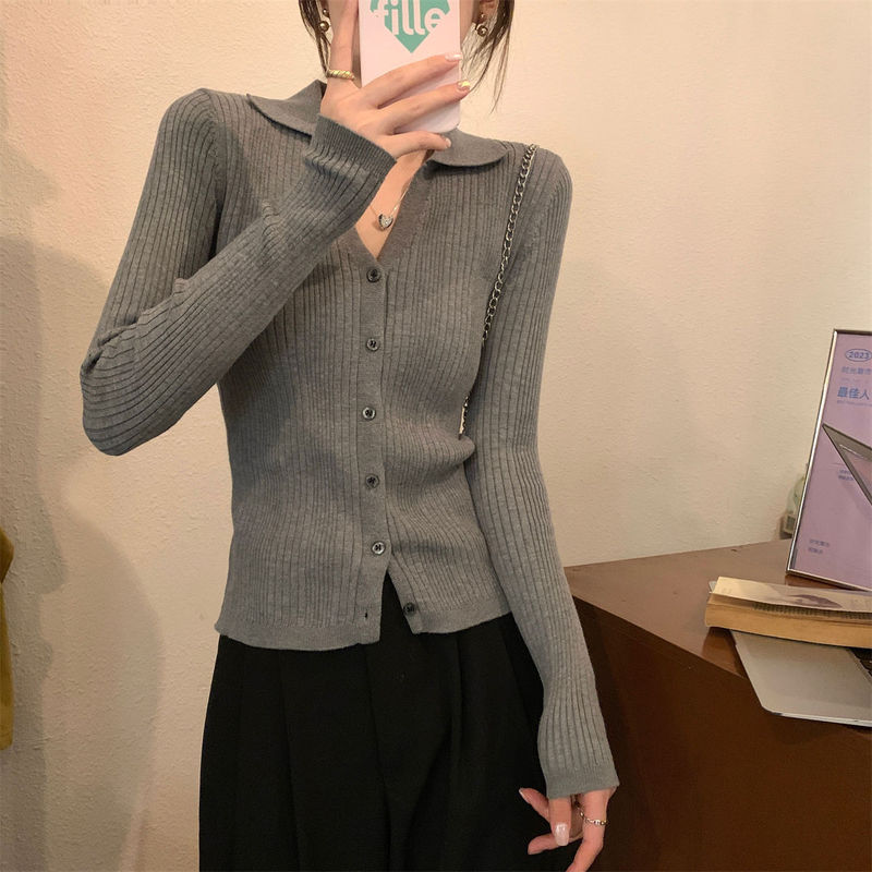 Korean Chic Knitted Cardigan with Polo Collar, Long-Sleeve Women's Sweater for Early Autumn 2026, Slim-Fit Base Layer Top