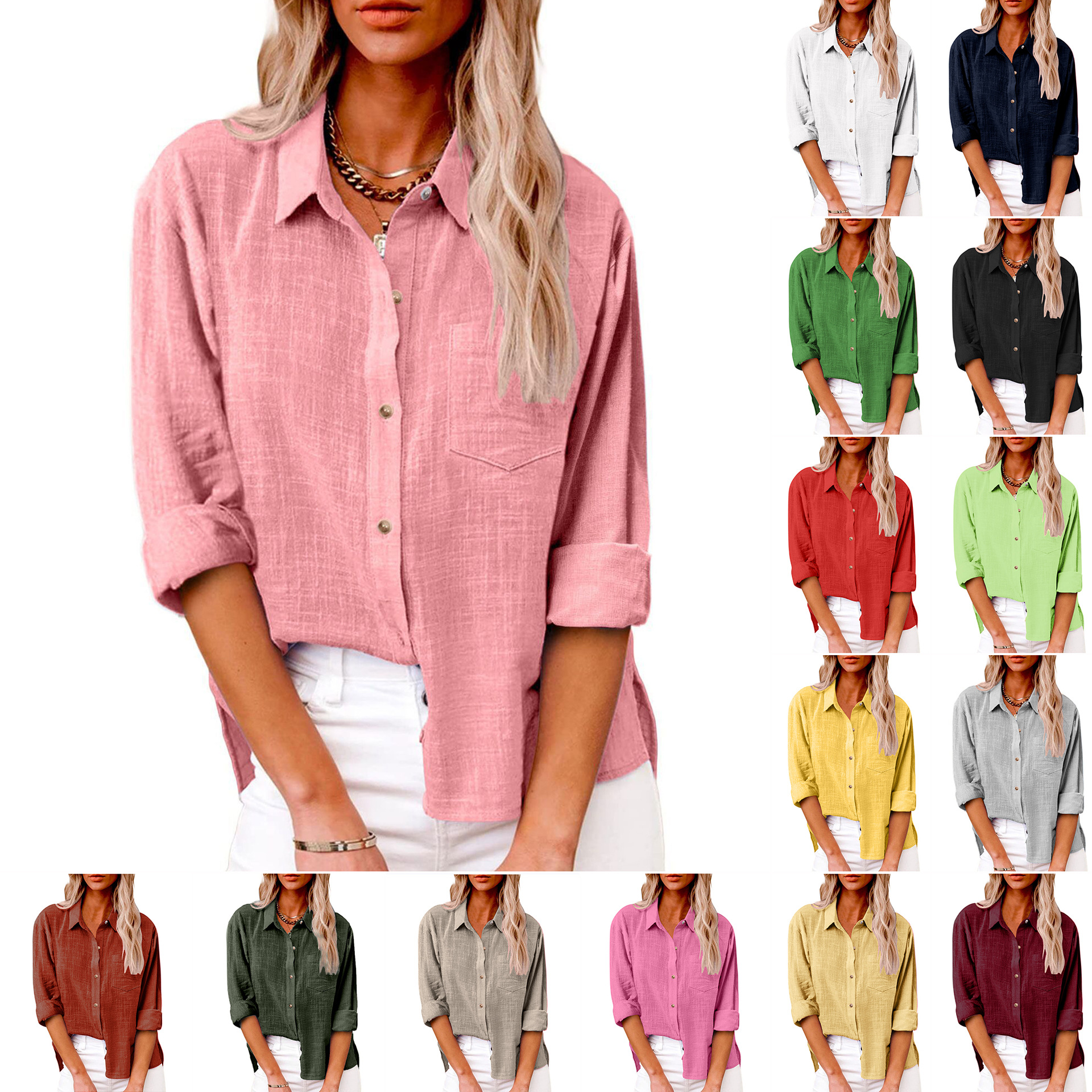 25年秋季ebay亚马逊速卖通欧美宽松净色翻领纽扣长袖棉麻上衣女