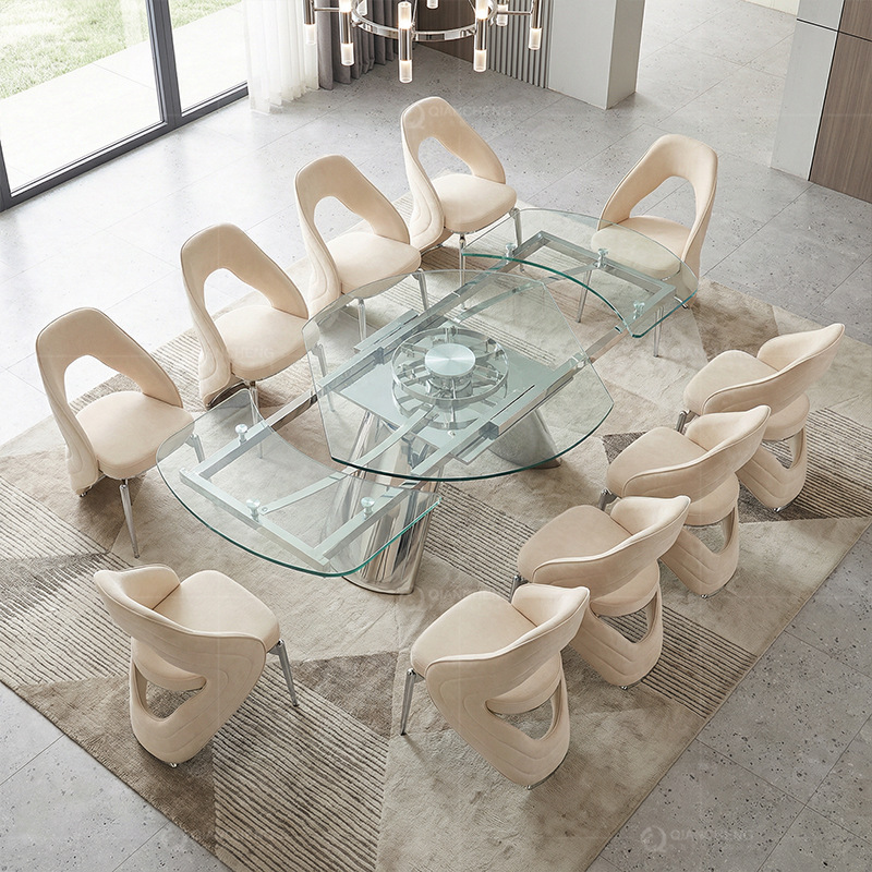 Rotating and Extendable Dining Table with Glass Top, Home Use, Light Luxury, High-End Designer Rectangular Stainless Steel Luxury Dining Table and Chairs