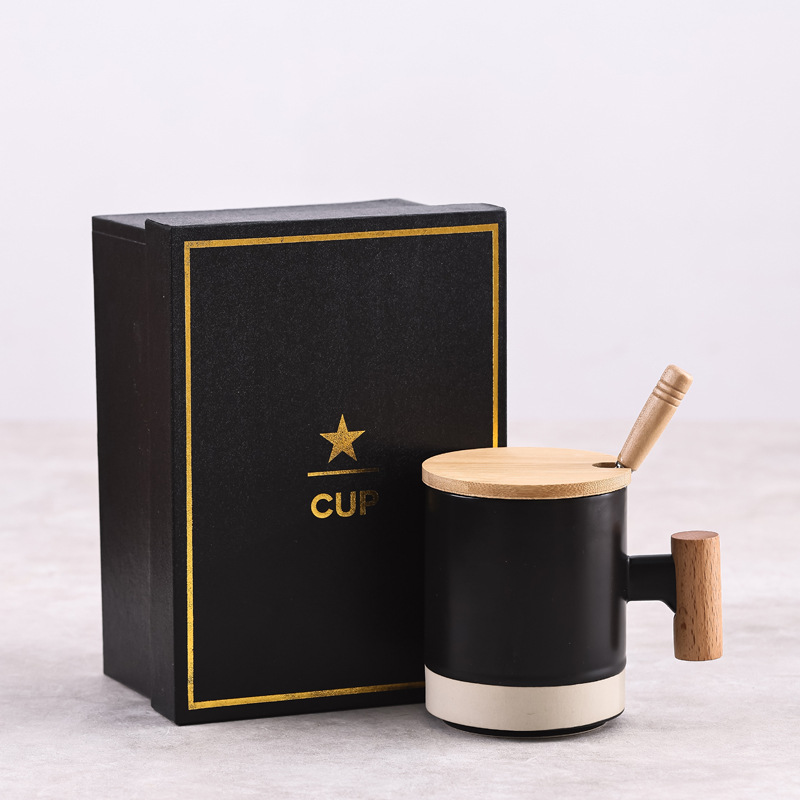 Mango de madera original taza de cerámica taza de café taza de agua taza con cubierta cuchara caja de regalo LOGO al por mayor