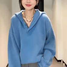 2025秋冬新款韩系百搭简约加厚连帽毛衣女宽松显瘦内搭针织衫女