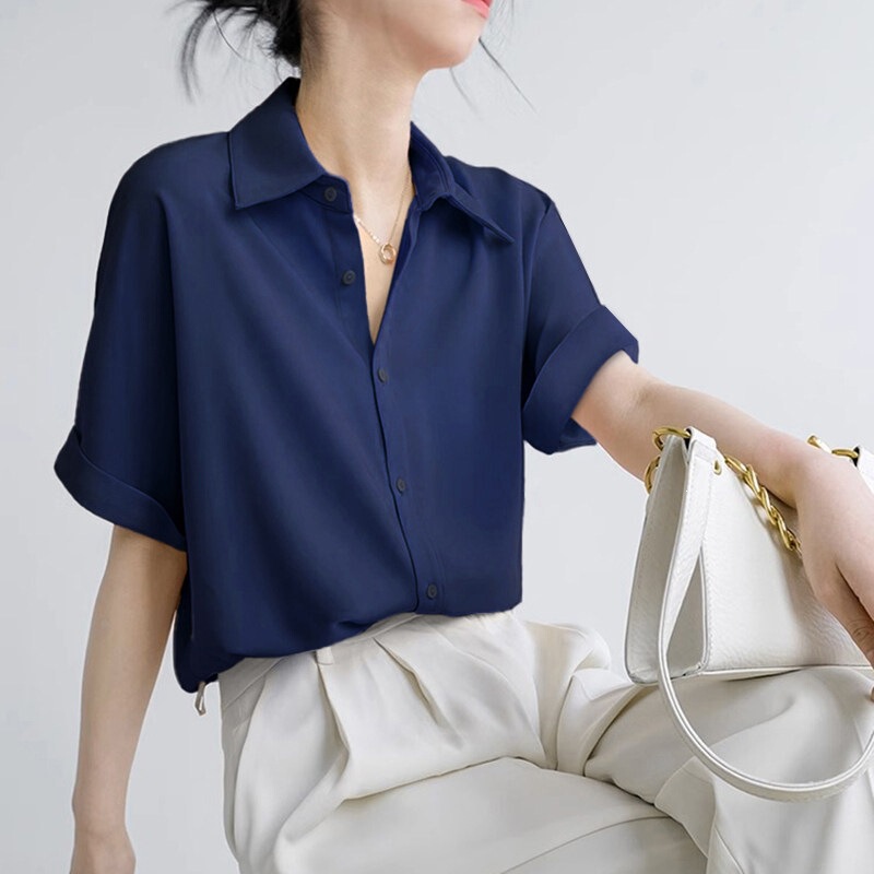 Dark Blue Short-Sleeved Chiffon Shirt for Women, Summer French Style, Elegant and Luxurious, High-End Navy Blue Shirt Top Dark Blue Short-Sleeved Chiffon Shirt for Women, Summer French Style, Elegant and Luxurious, High-End Navy Blue Shirt Top