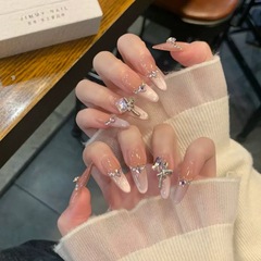 リッチガールのフラッシュハイエンドピンクとパープルのフレンチキャットアイウェアラブルネイルパウダーダイヤモンドプリンセスネイルアート完成品フェイクネイル