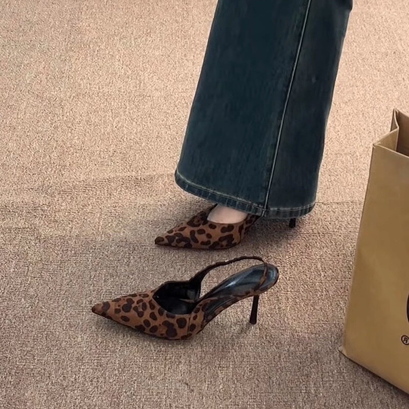 Two Heights ~ French Pointed-Toe Leopard Print High-Heeled Shoes, Toe-Toe Sandals for Women, Spring and Summer Stiletto Suede Back Empty Shoes Two Heights ~ French Pointed-Toe Leopard Print High-Heeled Shoes, Toe-Toe Sandals for Women, Spring and Summer Stiletto Suede Back Empty Shoes