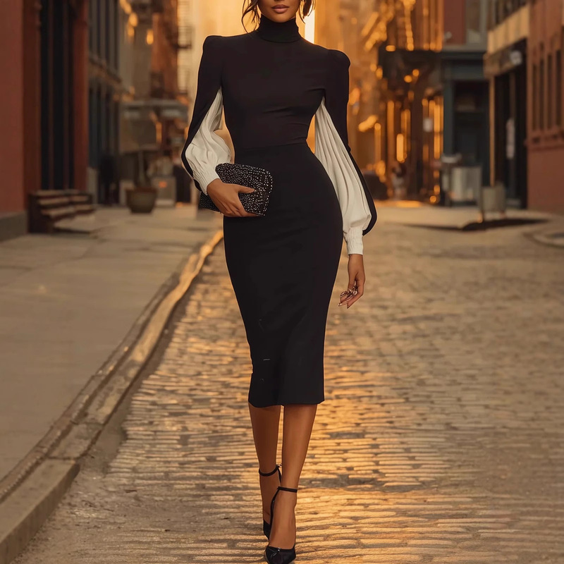 2026 Cross-Border Spring and Summer New European and American Style Slit Bodycon Dress Amazon Aliexpress Elegant High-Neck Color-Blocking Dress 2026 Cross-Border Spring and Summer New European and American Style Slit Bodycon Dress Amazon Aliexpress Elegant High-Neck Color-Blocking Dress