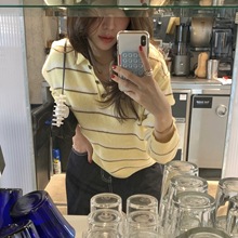 返单】2025年秋新品韩国东大门条纹拼色polo翻领针织上衣KS16991