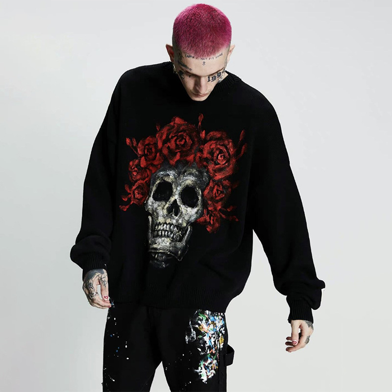 VINTAGE GRAC SL Niche Trendy Brand American Rose Skull Hand-painted Pullover Crewneck Sweater Men's Sweater