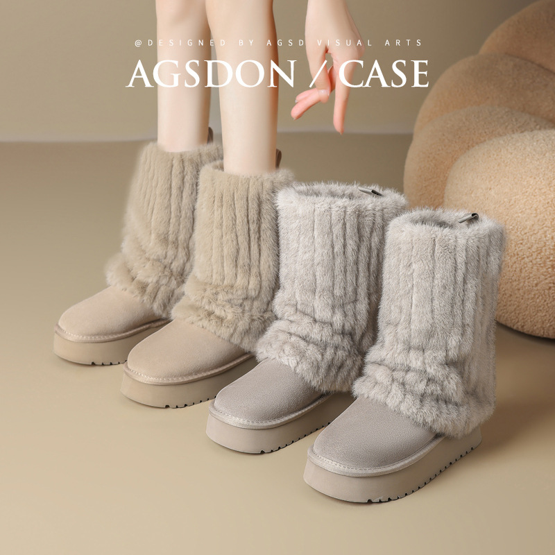 Botas de nieve de cilindro medio para mujeres 2025 nuevo invierno con pantalones gruesos de lana de base gruesa
