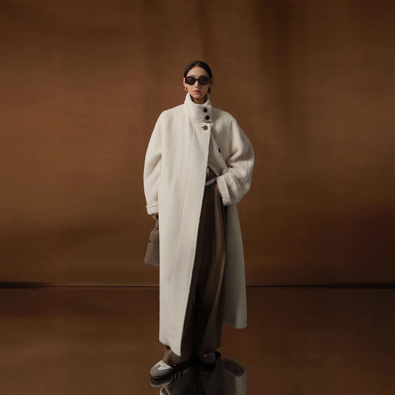 Peruvian Suli Alpaca Wool Outwear Women's Stand Collar Mid-Length Two-Button Double-Sided Woolen Outwear 25 Autumn and Winter New Style